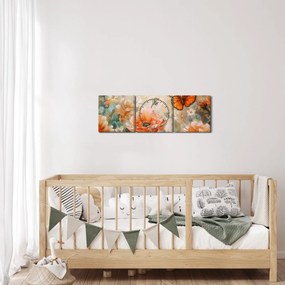 Obraz - Motýľ a kvety, olejomaľba (s hodinami) (90x30 cm)