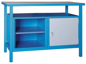 Dielenský pracovný stôl GD, smrek + buková preglejka, 1 skrinka, 1 polica, 1190 x 600 x 850 mm, modrá