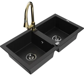 Mexen Mario, 2-komorový granitový drez 820x436x161 mm a drezová batéria Elia, čierna, 6504-77-670101-50-B