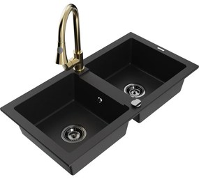 Mexen Mario, 2-komorový granitový drez 820x436x161 mm a drezová batéria Elia, čierna, 6504-77-670101-50-B