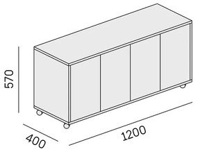 PLAN Pojazdná skrinka na kolieskach s dverami LAYERS, dlhá, 1200 x 400 x 575 mm, biela