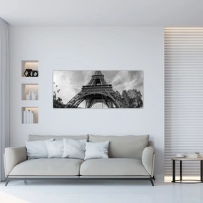 Obraz - Eiffelova veža, čiernobiela (120x50 cm)