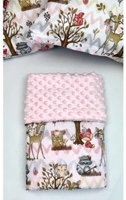 Detská deka Lesík/minky ružová 100x75 cm – obojstranná deka s lesným motívom pre dievčatká