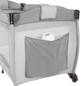 Cestovná postieľka s prebaľovacou podložkou a hracím oblúkom, sivá
