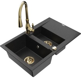 Mexen Gaspar, 1,5-komorový granitový drez 737x475x177 mm a drezová batéria Savita, čierna-strieborná metalíza, 6507-73-672601-50