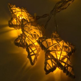DECOLED LED světelný řetěz na baterie, bílé proutěné hvězdy, teple bílá, 10 diod, 2,8 m