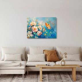 Sklenený obraz - Motýľ a kvety, olejomaľba II. (70x50 cm)