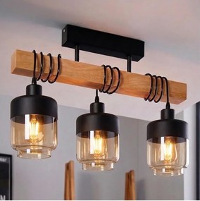 BRILAGI - Prisadený luster WOOD GLASS 3xE27/60W/230V borovica/čierna/dymovo-hnedá
