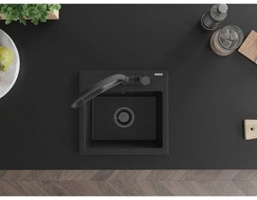Mexen Milo, granitový drez 435x410x171 mm, 1-komorový a drezová batéria Duo, čierna-strieborná metalíza, 6505-73-671701-70-B