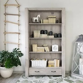 Široká vidiecka patinovaná knižnica so zásuvkou, 110x40x195 cm