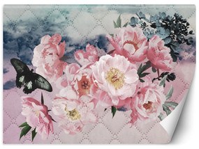 Gario Fototapeta Kvety pivonky a motýľa na prešívanej pastelovej textúre Materiál: Vliesová, Rozmery: 200 x 140 cm