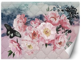 Gario Fototapeta Kvety pivonky a motýľa na prešívanej pastelovej textúre Materiál: Vliesová, Rozmery: 200 x 140 cm