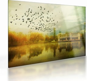 Sklenený obraz maľované krajiny so sídlom (70x50 cm)