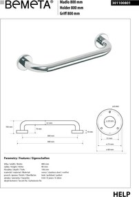 Bemeta Design HELP: Madlo, 800 mm, s krytkou, nerez, lesk - 301100801