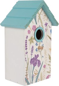 Bielo-modrá drevená vtáčia búdka s kvetmi Birdhouse - 15*10*22 cm