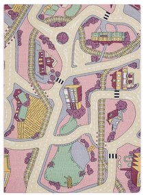 Detský koberec REBEL ROADS Playtime 63 Mesto protišmykový - ružový / béžový