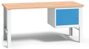 Výškovo nastaviteľný pracovný stôl do dielne WL so závesnou skrinkou na náradie, buková škárovka, 2000 x 685 x 840 - 1050 mm
