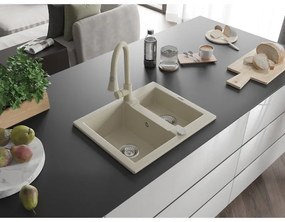 Mexen Carlos, 1,5-komorový granitový drez 582x475x177 mm a drezová batéria Elia, béžová, 6518-69-670101-69