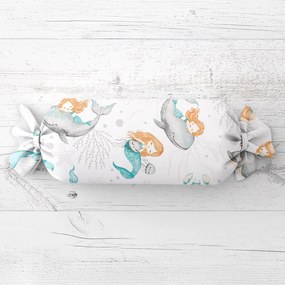 Biante Detský vankúš valec bonbon Sandra SA-691 Modrozelené morské panny s delfínmi a veľrybami na bielom 15x80 cm