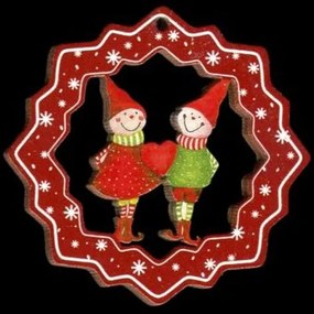 AMADEA Drevená ozdoba farebná vločka so škriatkami 6 cm