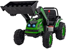 Zelený detský traktorový bager na batérie + pohyblivé rameno + diaľkové ovládanie + pomalý štart + FM rádio + LED