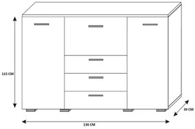 KOMODA BEATE LED ŠEDÁ + BIELE ZÁSUVKY + ČIERNY KORPUS VYSOKÝ LESK 136 cm