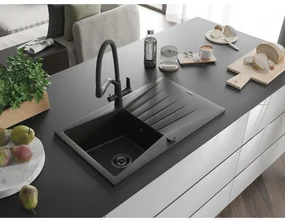 Mexen Cesar, 1-komorový granitový drez 775x470x190 mm a drezová batéria Duo, čierna-zlatá metalíza, 6514-75-671701-70-B