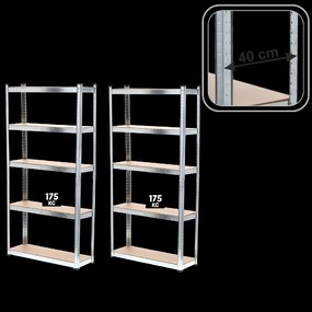 SADA DVÔCH 5-ÚROVŇOVÝCH POLIČIEK 180 x 90 x 40 CM NOSNOSŤ POLIČKY: 175 KG *2158