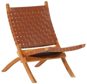 Skladacia relaxačná stolička hnedá pravá koža 356376