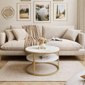 KONFERENČNÝ STOLÍK LEONARDO S POLICOU BIELY MRAMOR + ZLATÝ