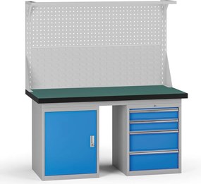 Pracovný stôl do dielne G8 s nadstavbou, 1500 x 750 x 800 mm, 1x skrinka, 1x kontejner, 4 zásuvky, modrá