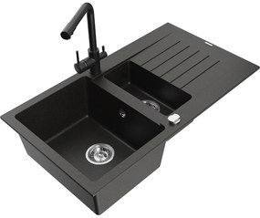Mexen Matias, granitový drez 900x505x200 mm, 1,5-komorový a čierna batéria Duero, čierna-zlatá metalíza, 6502-75-671600-70