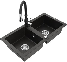Mexen Mario, 2-komorový granitový drez 820x436x161 mm a drezová batéria Savita, čierna-zlatá metalíza, 6504-75-672601-70