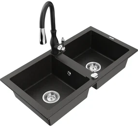 Mexen Mario, 2-komorový granitový drez 820x436x161 mm a drezová batéria Savita, čierna-zlatá metalíza, 6504-75-672601-70