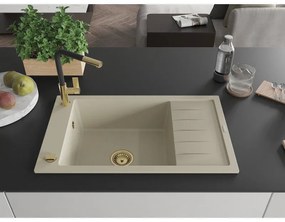 Mexen Elias, 1-komorový granitový drez 795x480x200 mm a drezová batéria Flora, béžová, 6511-69-670401-57-G