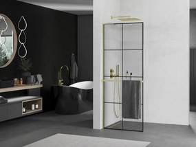 Mexen Kioto+ L, sprchová zástena Walk-In s poličkou a vešiakom 70 x 200 cm, 8mm číre sklo čierny vzor, zlatý matný profil, 800-070-123-55-77