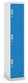 Šatníková skrinka s úložnými boxami, 3 boxy, 1800 x 380 x 450 mm, cylindrický zámok, sivá/modrá
