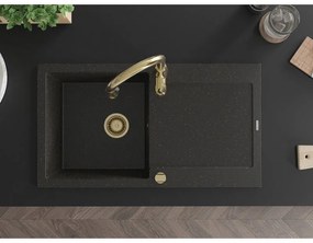 Mexen Leo, 1-komorový granitový drez 900x500x190 mm a drezová batéria Savita, čierna-zlatá metalíza, 6501-75-672601-50