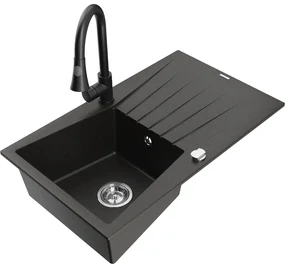 Mexen Cesar, 1-komorový granitový drez 775x470x190 mm a drezová batéria Elia, čierna-zlatá metalíza, 6514-75-670101-70