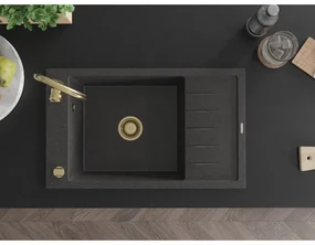 Mexen Elias, 1-komorový granitový drez s odkvapkávačom 795x480x200 mm a zlatá lesklá kuchynská batéria Telma, čierna škvrnitá, 6511-76-670200-50