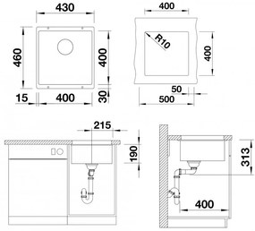 Blanco Subline 400-U, silgranitový drez pod pracovnú dosku 400x400x190 mm, 1-komorový, biela soft, BLA-527166