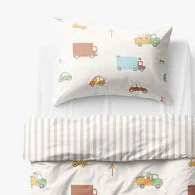Goldea detské bavlnené obliečky - svet autíčok s latte prúžkami 140 x 200 a 70 x 90 cm