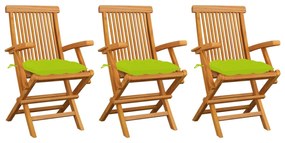 Záhradné stoličky s jasnozelenými podložkami 3 ks tíkový masív