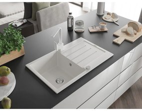 Mexen Bruno, drez granitový 795x495x200 mm, 1-komorový, biela s chrómovým sifónom a biela drezová batéria Rita, 6513-20-670300-20