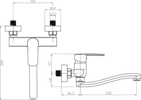 Mereo Pego, drezová nástenná batéria, 150 mm, s ramienkom plochým vyhnutým 200 mm, chróm, MER-CB301P