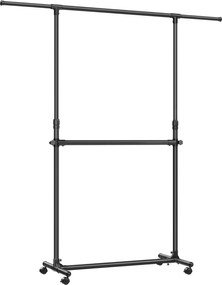 Dvojitý vešiak na oblečenie, nastaviteľná horná tyč, s kolieskami, 113-180 cm, čierny