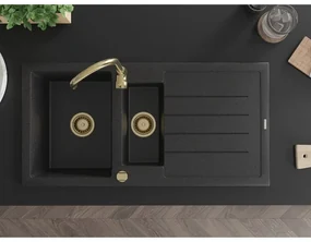 Mexen Andres, granitový drez 1000x500x200 mm, 1,5-komorový, čierna - strieborná metalíza so zlatým sifónom a zlatá drezová batéria Telma, 6515-73-670200-50