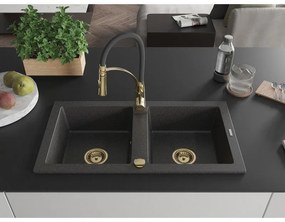 Mexen Mario, granitový drez 820x436x161 mm, 2-komorový a drezová batéria Aster, čierna škvrnitá, 6504-76-73450-57-G