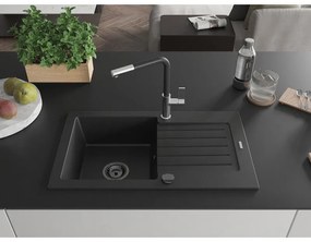 Mexen Pablo, 1-komorový granitový drez 752x436x161 mm a drezová batéria Flora, čierna, 6510-77-670401-07-B