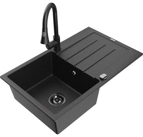 Mexen Bruno, 1-komorový granitový drez 795x495x200 mm a drezová batéria Elia, čierna-strieborná metalíza, 6513-73-670101-70-B